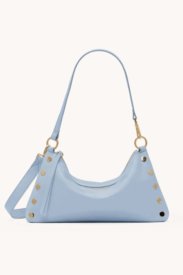 Light Blue Smooth Leather Convertible Handbag with Gold Hardware