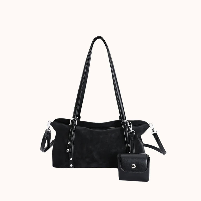 Soft Vegan Leather Slim Baguette Shoulder Bag with Mini Pouch
