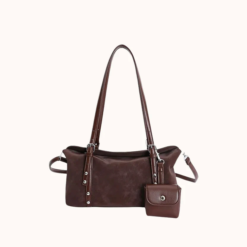 Soft Vegan Leather Slim Baguette Shoulder Bag with Mini Pouch