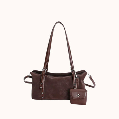 Soft Vegan Leather Slim Baguette Shoulder Bag with Mini Pouch
