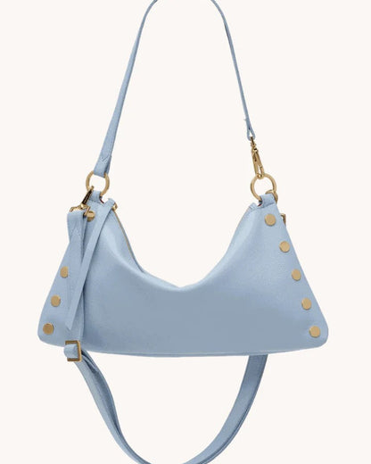 Light Blue Smooth Leather Convertible Handbag with Gold Hardware