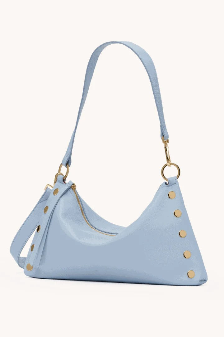 Light Blue Smooth Leather Convertible Handbag with Gold Hardware