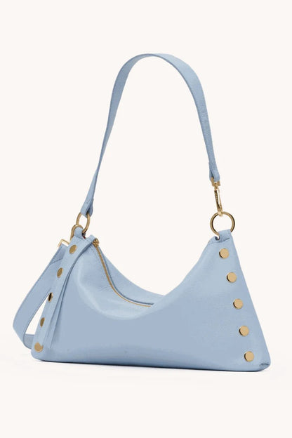 Light Blue Smooth Leather Convertible Handbag with Gold Hardware