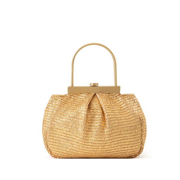 Handwoven Natural Raffia Metal Frame Handbag