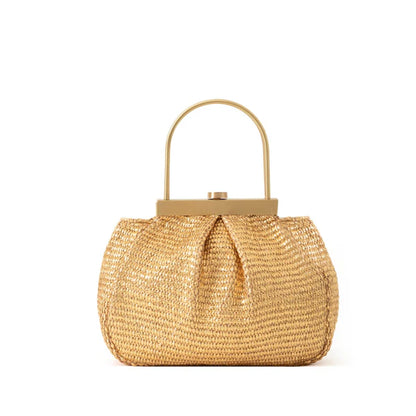 Handwoven Natural Raffia Metal Frame Handbag