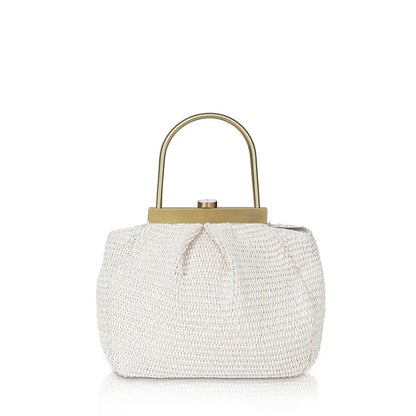 Handwoven Natural Raffia Metal Frame Handbag