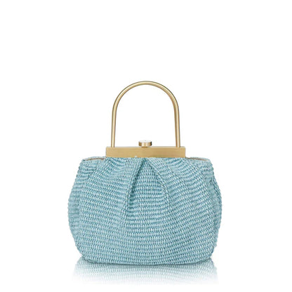 Handwoven Natural Raffia Metal Frame Handbag