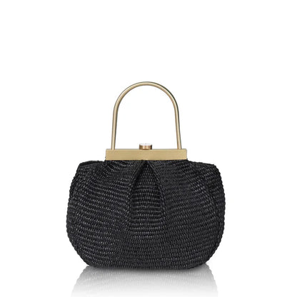 Handwoven Natural Raffia Metal Frame Handbag